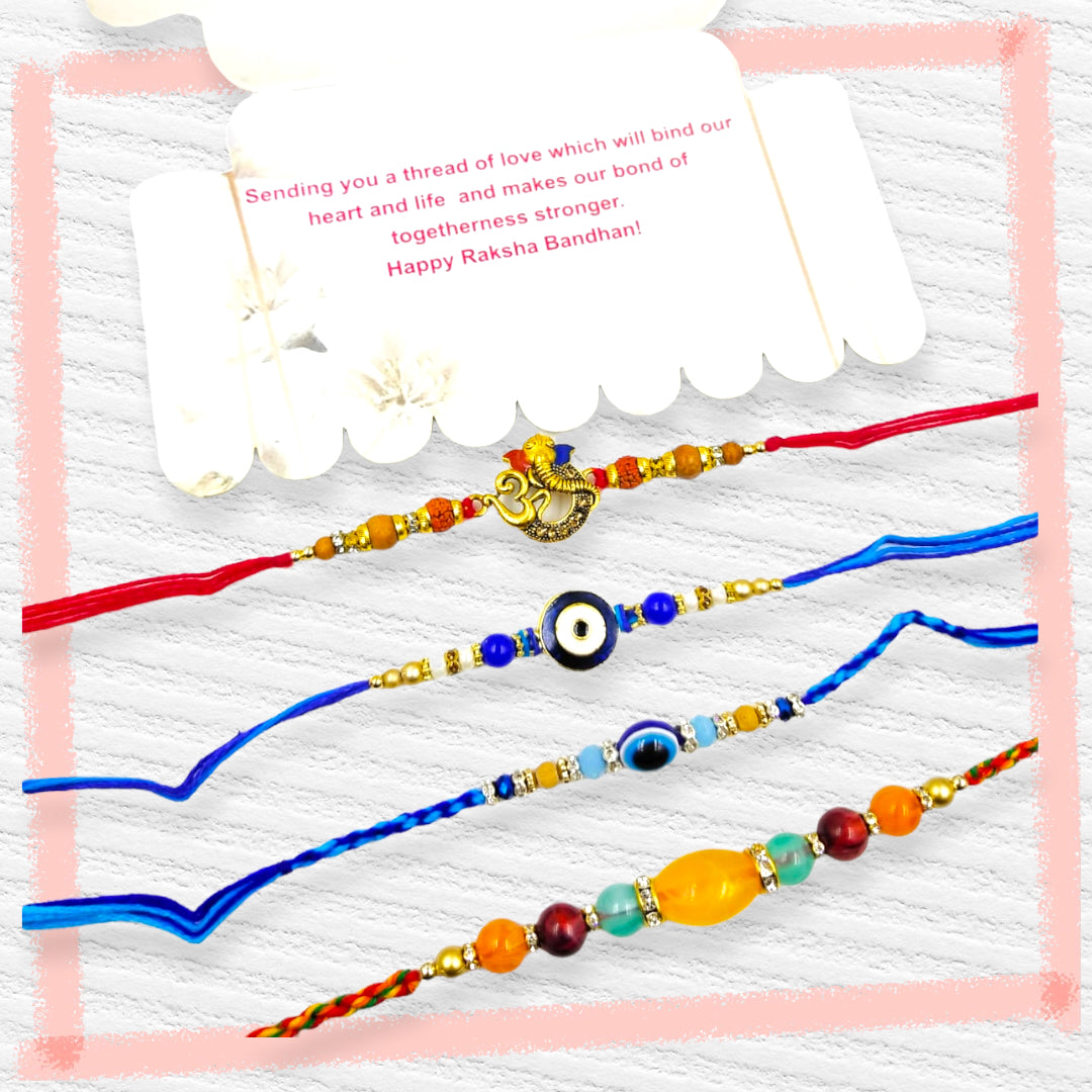 Wrap Shap Combo 9: Set of 5 Elegant Designer Rakhis with Roli Chawal - Evil Eye, Om, Ganesh & More