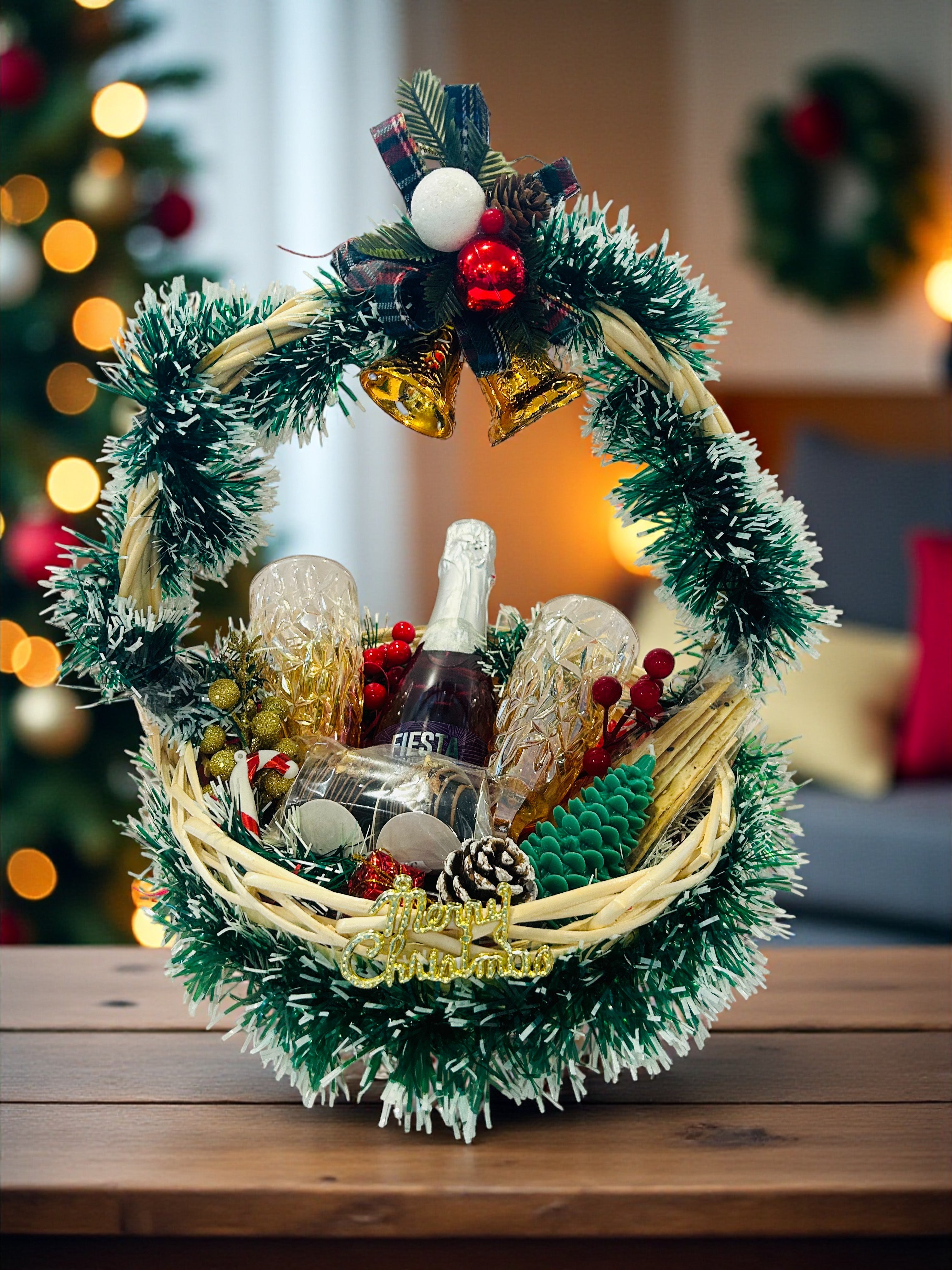 Premium Christmas Hamper in Decorated Basket – Wine Glasses, Fruit Wine, Chocolates & Festive Décor