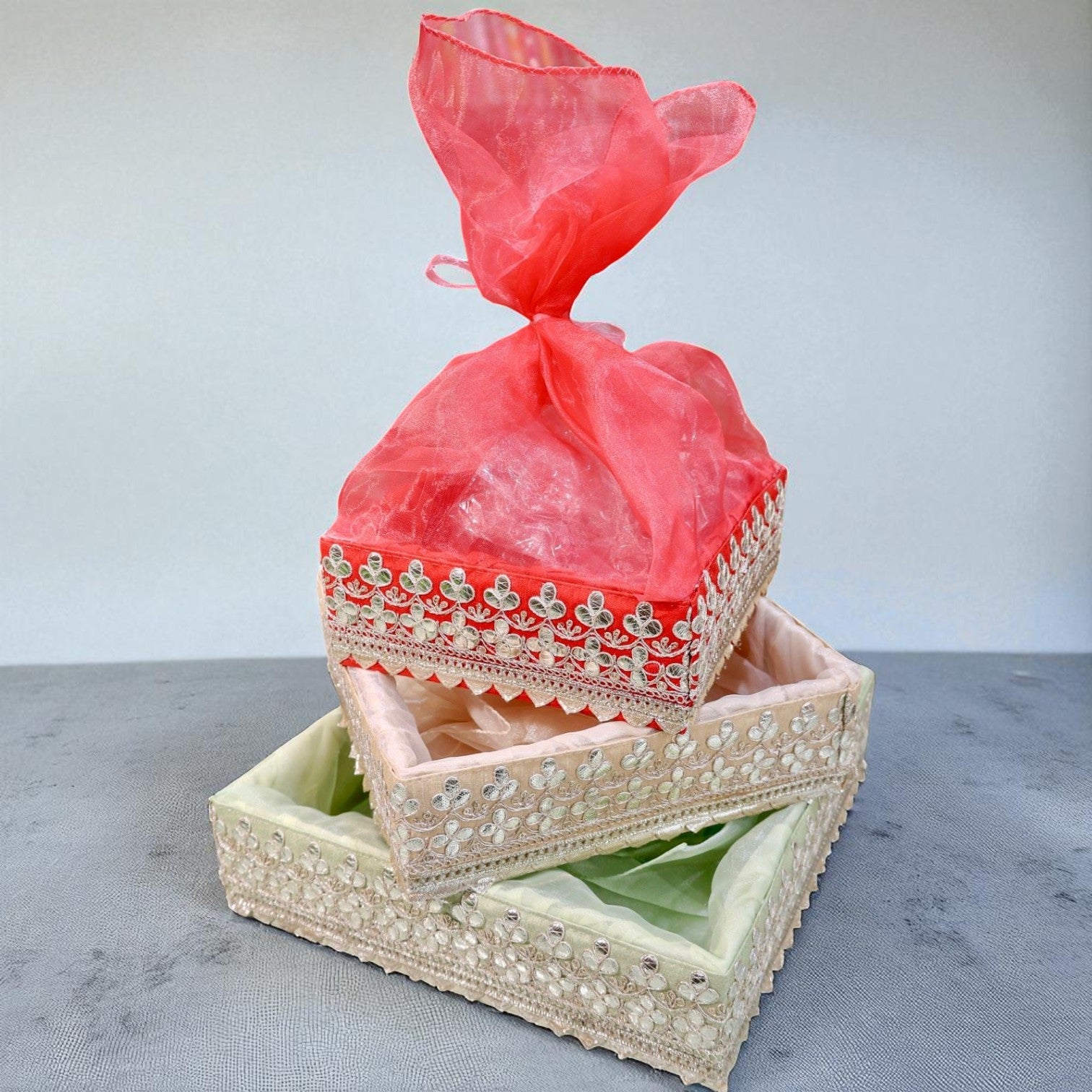 Traditional square baskets in assorted colors by Wrap Shap for festive hampers, available in 3 sizes