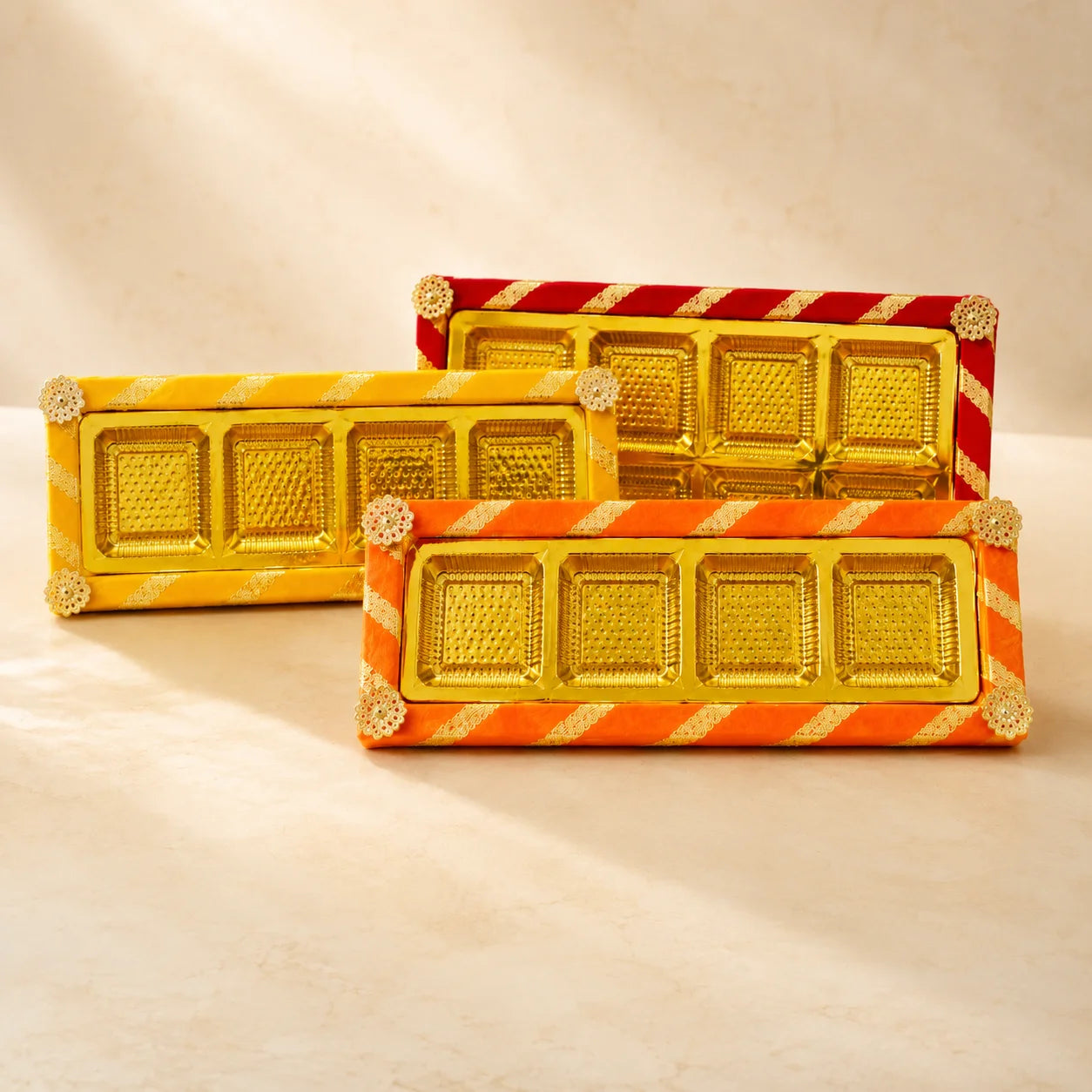 Premium Velvet dry fruit platter made from MDF with luxurious velvet fabric finish and 4 partitions for festive gifting, corporate hampers, and wedding gifts. Elegant velvet gift tray available in 6x18-inch size for dry fruits, chocolates, sweets, gourmet snacks, and luxury gift presentations