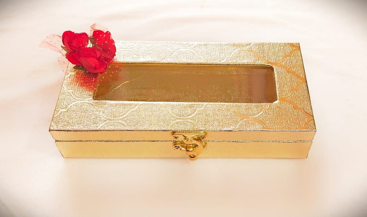 Golden Leatherette Cash or Gaddi Gift Box with Transparent Top