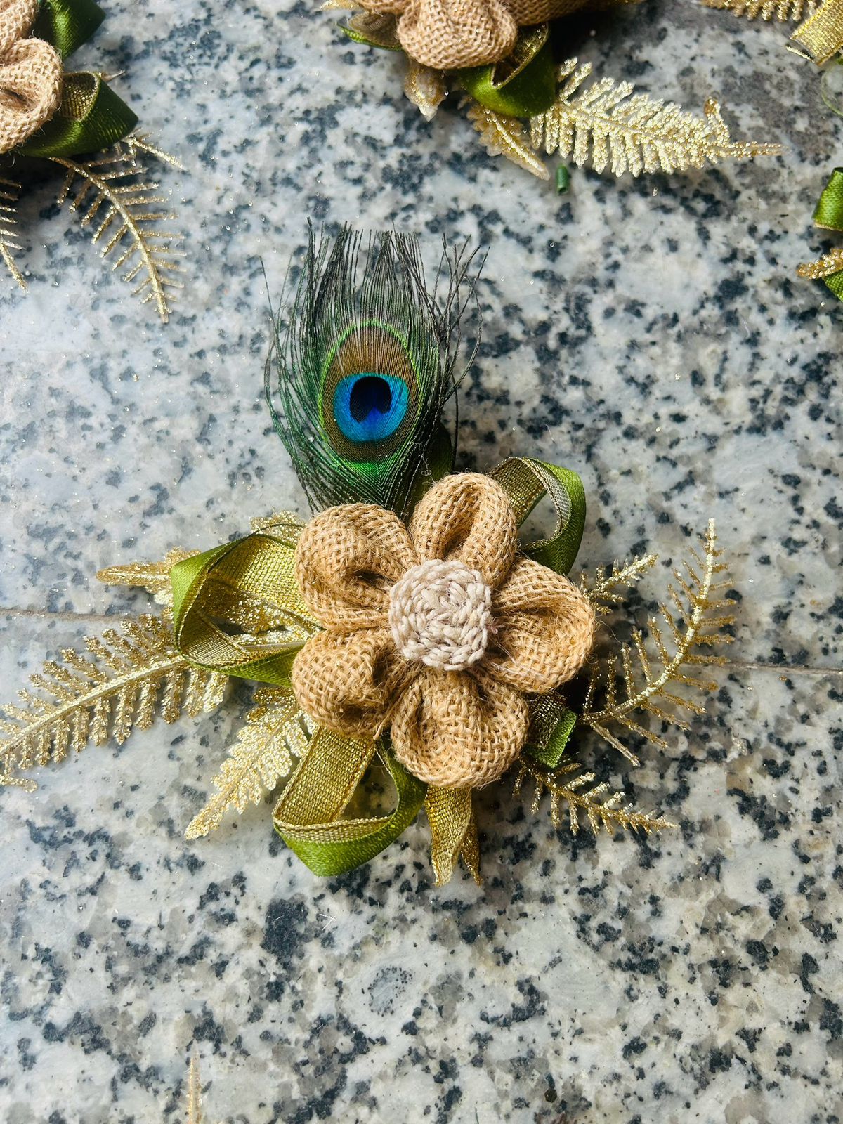 Rustic Jute Flower and Mor Pankh Artificial Flower Bunch for Festive Decor and Gift Embellishment