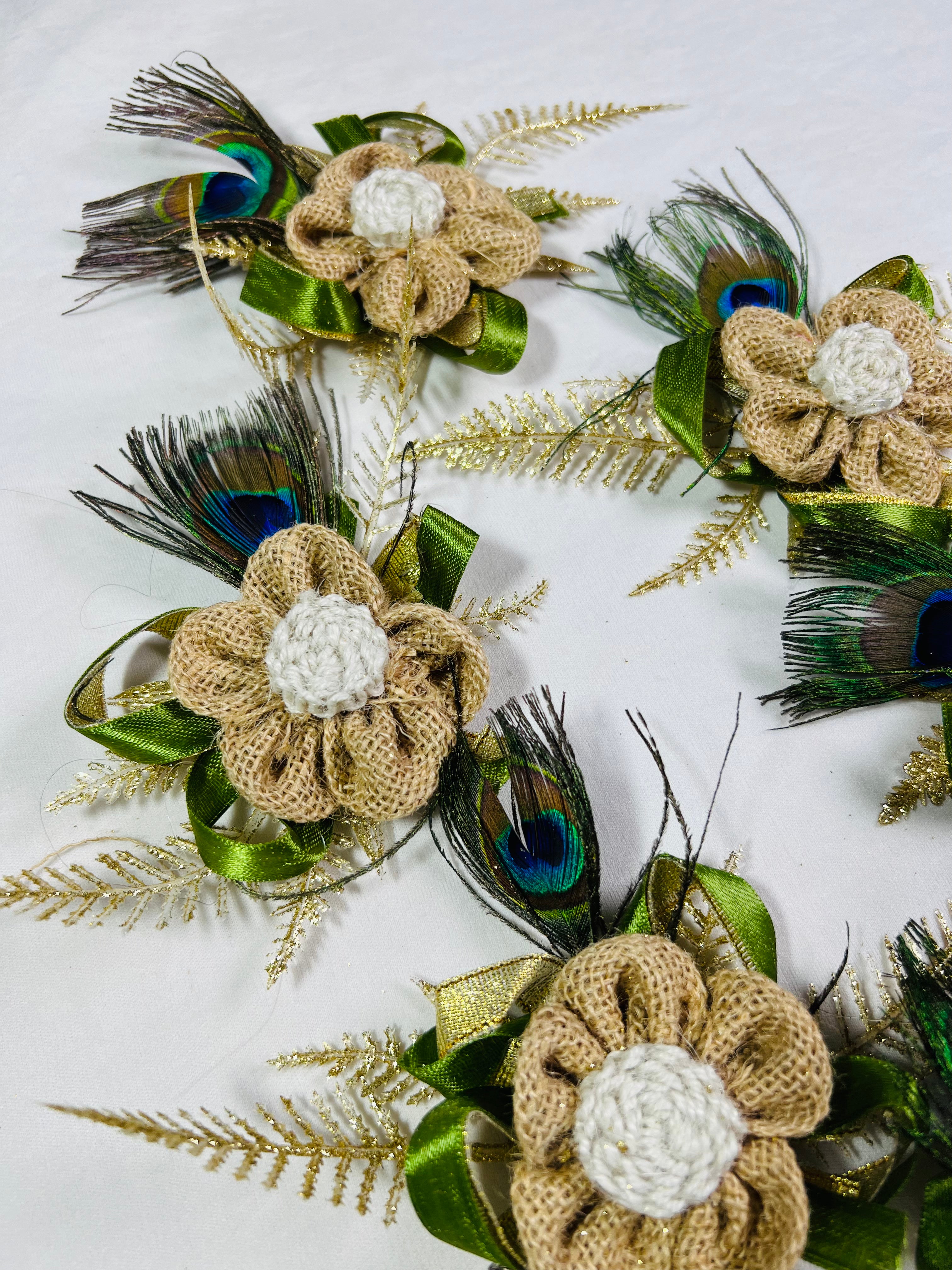 Rustic Jute Flower and Mor Pankh Artificial Flower Bunch for Festive Decor and Gift Embellishment