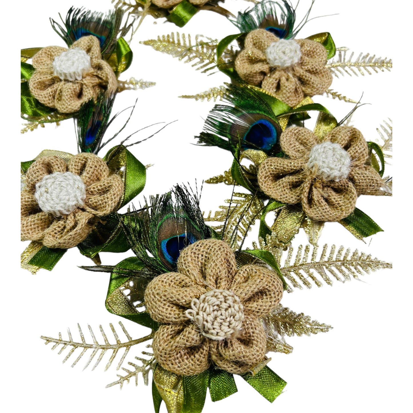 Rustic Jute Flower and Mor Pankh Artificial Flower Bunch for Festive Decor and Gift Embellishment