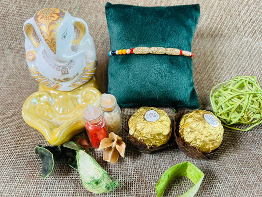 Wrap Shap Sleek AD Rakhi with Colorful Beads and Roli Chawal - Elegant Festive Delight