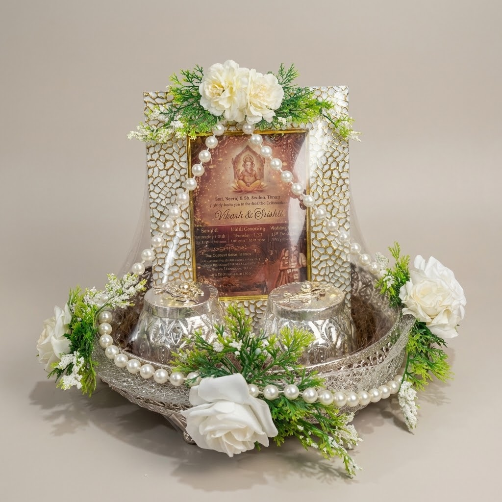 Premium wedding first invitation platter with silver tray, dry fruits jars and floral pearl decoration
