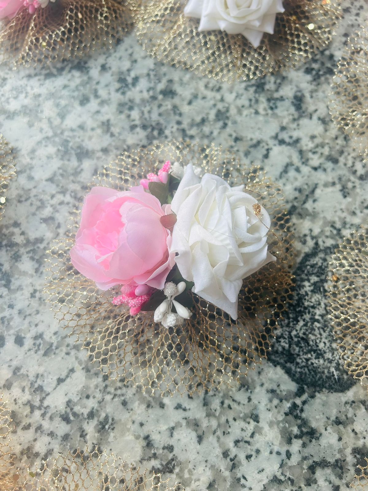 Chic Elegance: Pink Peony and White Rose Artificial Flower Bunch - 5 Inch