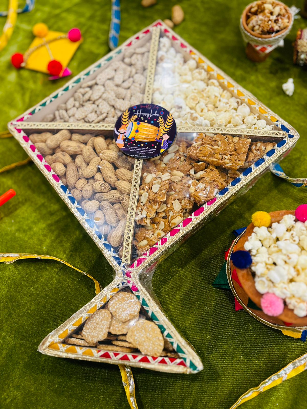 Lohri Celebration Hamper in Kite-Shaped Decorated Gift Basket with Traditional Treats