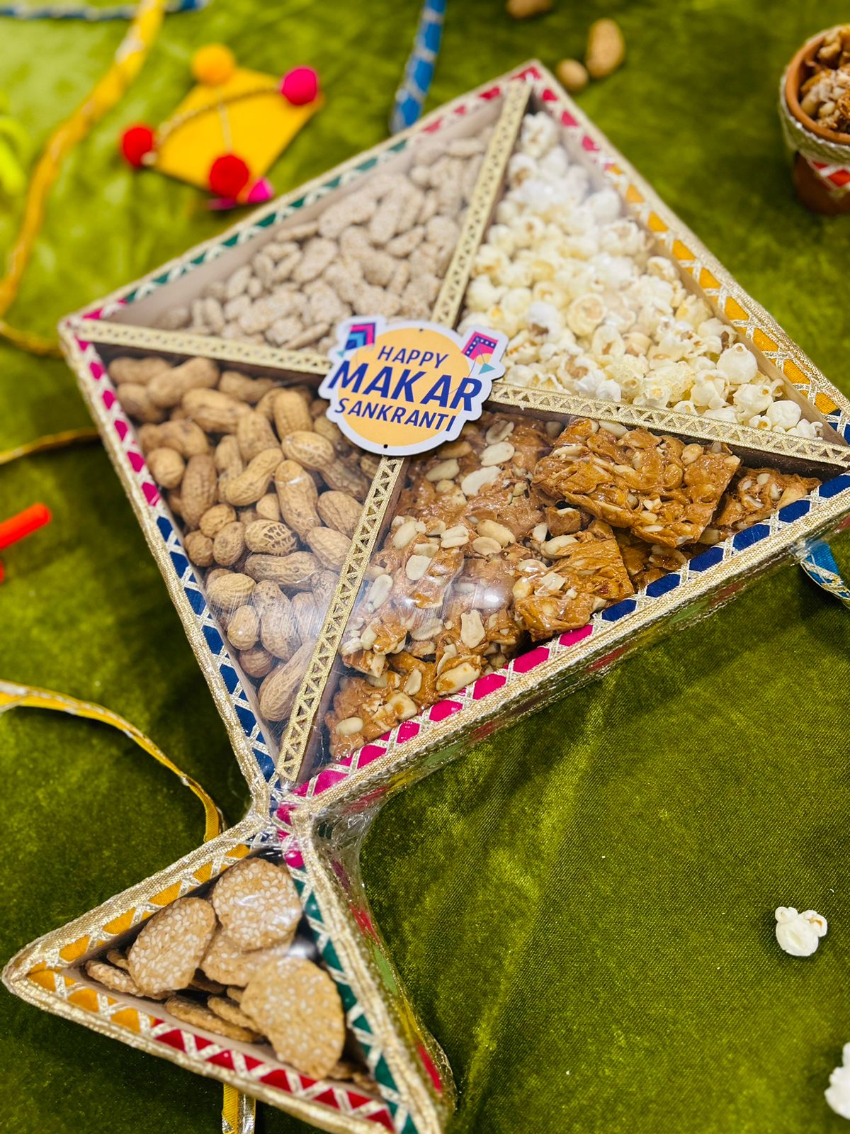 Lohri Celebration Hamper in Kite-Shaped Decorated Gift Basket with Traditional Treats