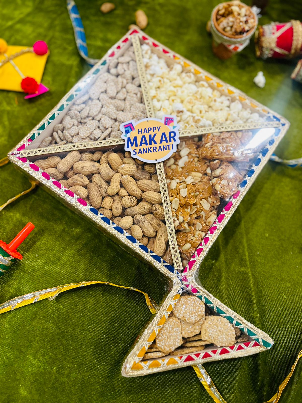 Lohri Celebration Hamper in Kite-Shaped Decorated Gift Basket with Traditional Treats