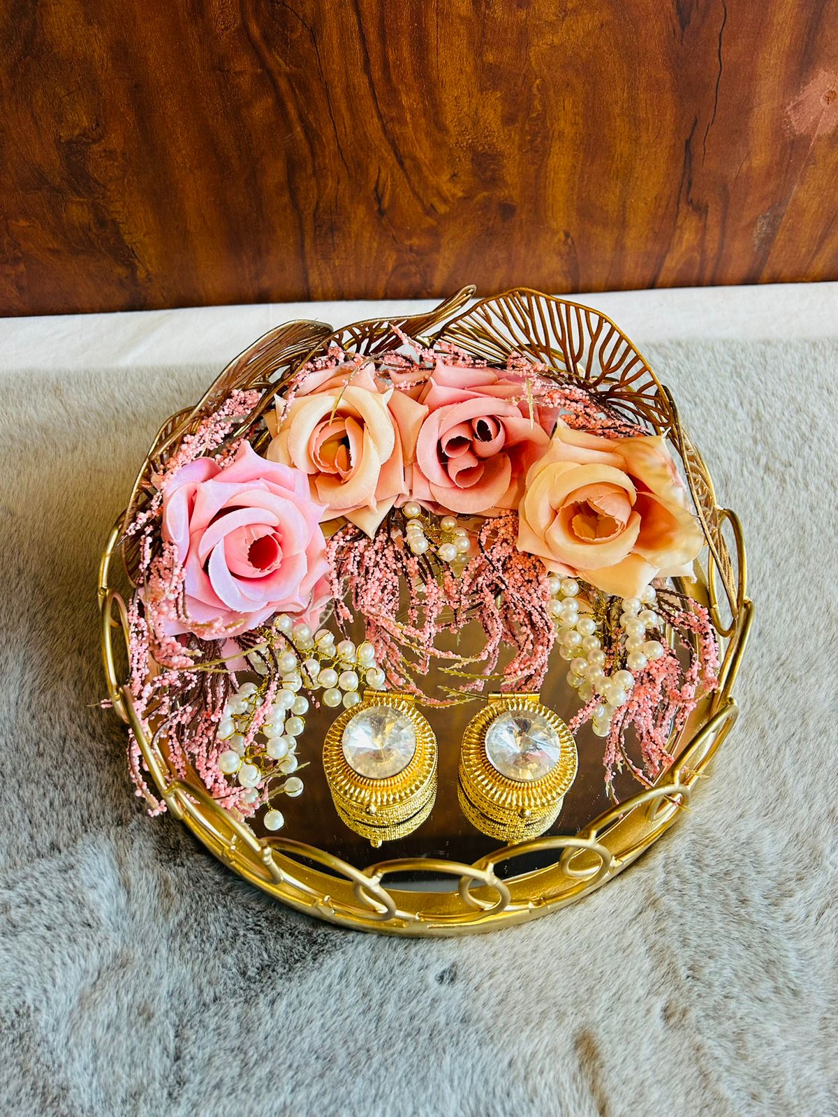 Engagement Ring Platter with Pink Peach Rose Decoration - Round Metal Mirror Base | Elegant Wedding & Trousseau Accessory