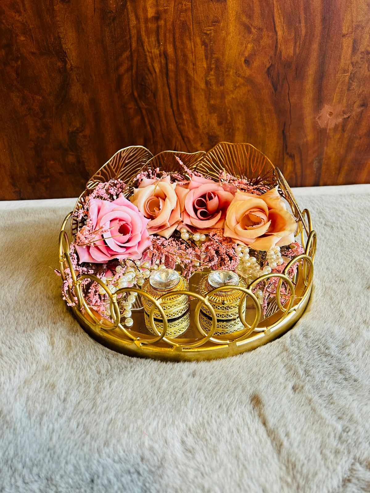 Engagement Ring Platter with Pink Peach Rose Decoration - Round Metal Mirror Base | Elegant Wedding & Trousseau Accessory
