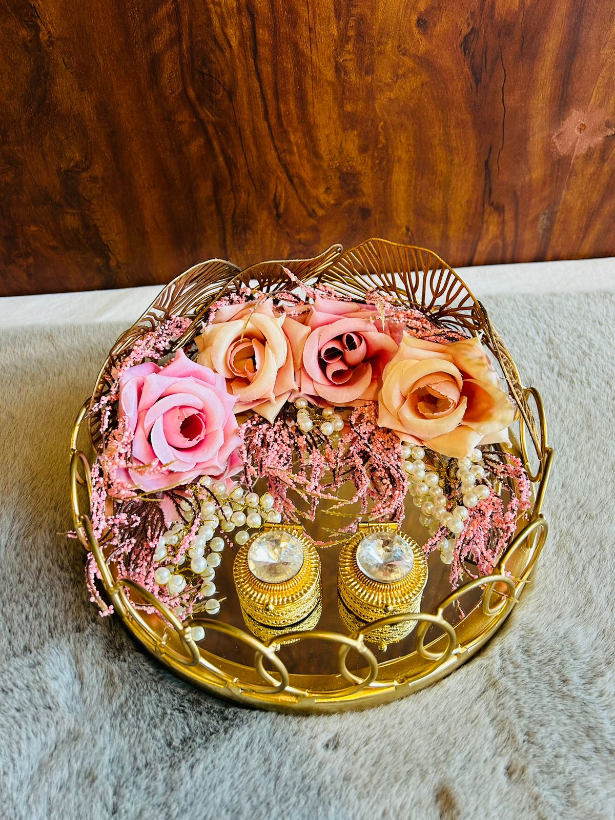 Engagement Ring Platter with Pink Peach Rose Decoration - Round Metal Mirror Base | Elegant Wedding & Trousseau Accessory