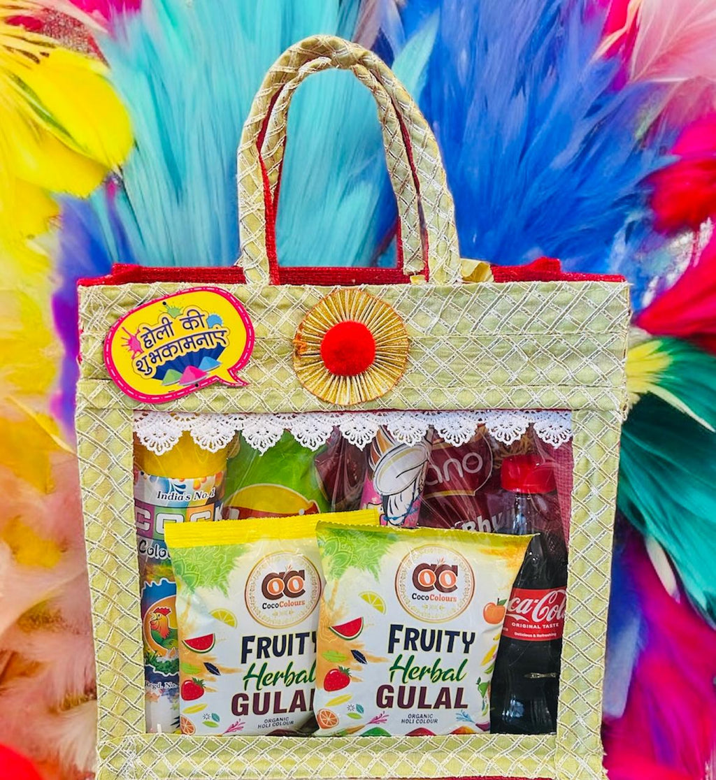 Colorful Holi Celebration Hamper with Gulal Packs, Snacks & Snow Spray in a Jute Bag | Festive Gift for Family & Friends