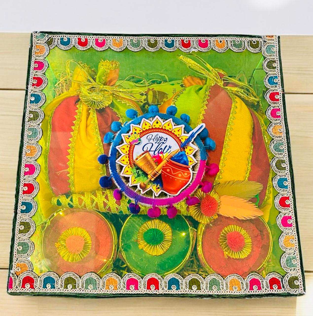 Luxury Holi Gift Hamper – Gujiya, Coated Almonds, Gulal, Decorative Pichkari in Neon Acrylic Box