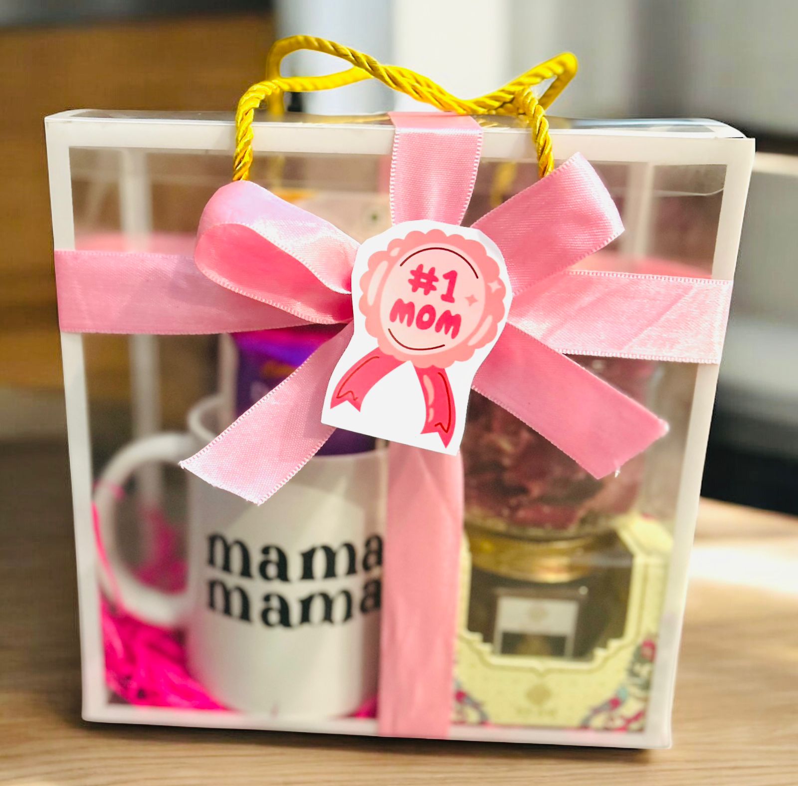 Mother’s Day Gift Hamper with Cookies, Tea Cake, Custom Mug & Scented Candle in PVC Box