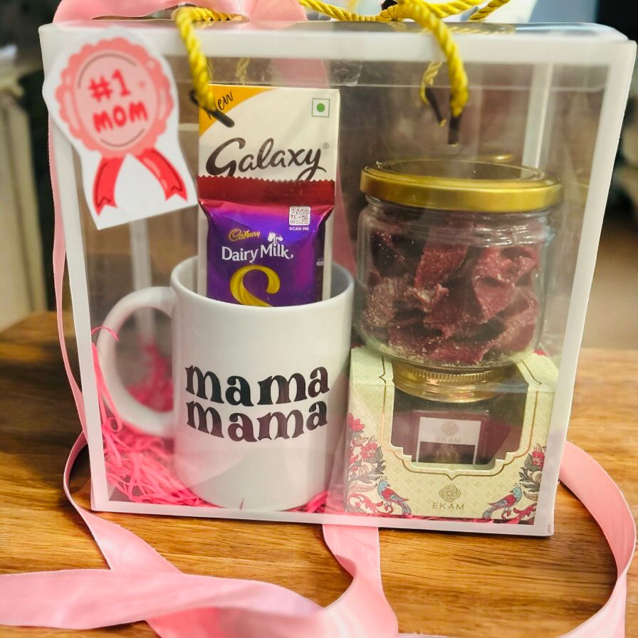 Mother’s Day Gift Hamper with Cookies, Tea Cake, Custom Mug & Scented Candle in PVC Box