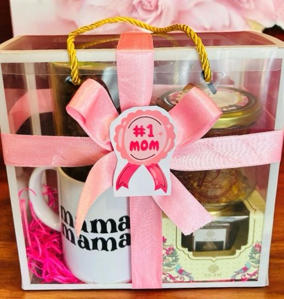 Mother’s Day Gift Hamper with Cookies, Tea Cake, Custom Mug & Scented Candle in PVC Box