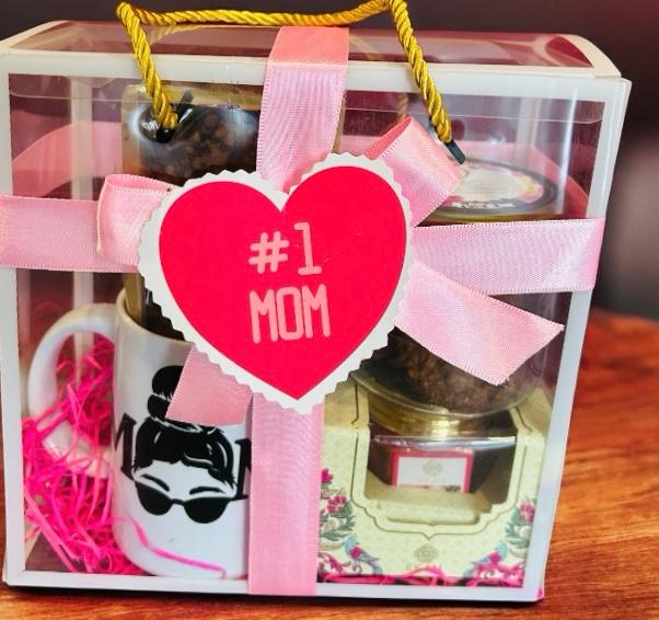 Mother’s Day Gift Hamper with Cookies, Tea Cake, Custom Mug & Scented Candle in PVC Box