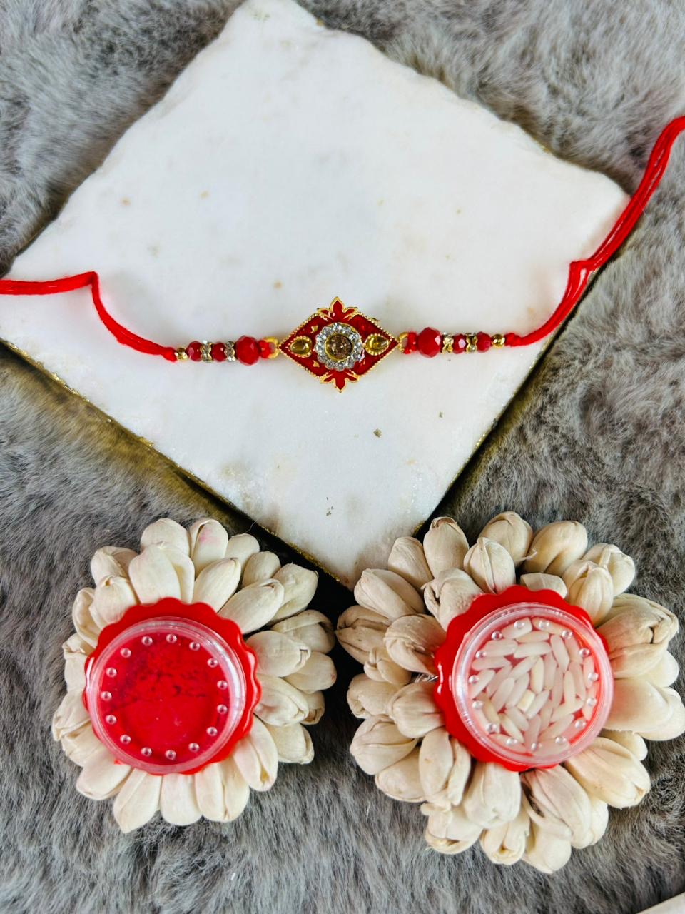 Wrap Shap Y11 Heavy Rakhi with Red Beads and Golden Stone Centre, Comes with Roli Chawal