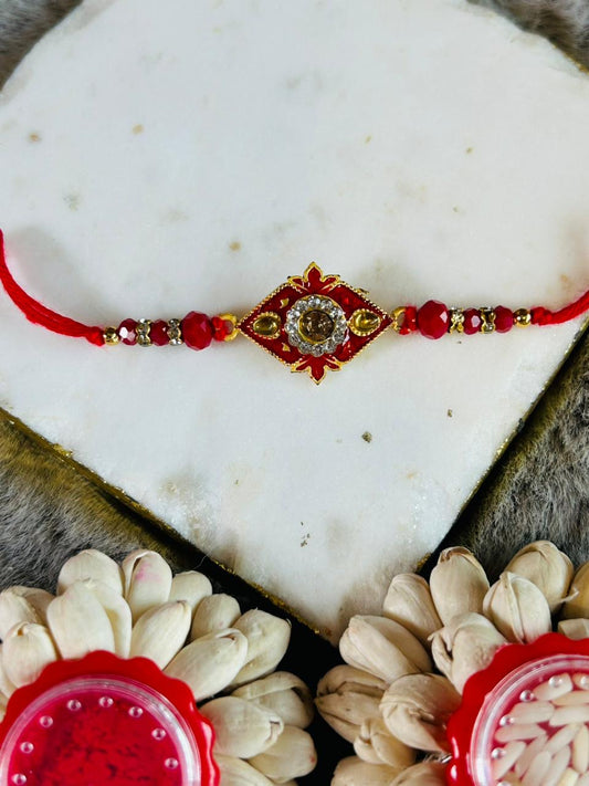 Wrap Shap Y11 Heavy Rakhi with Red Beads and Golden Stone Centre, Comes with Roli Chawal