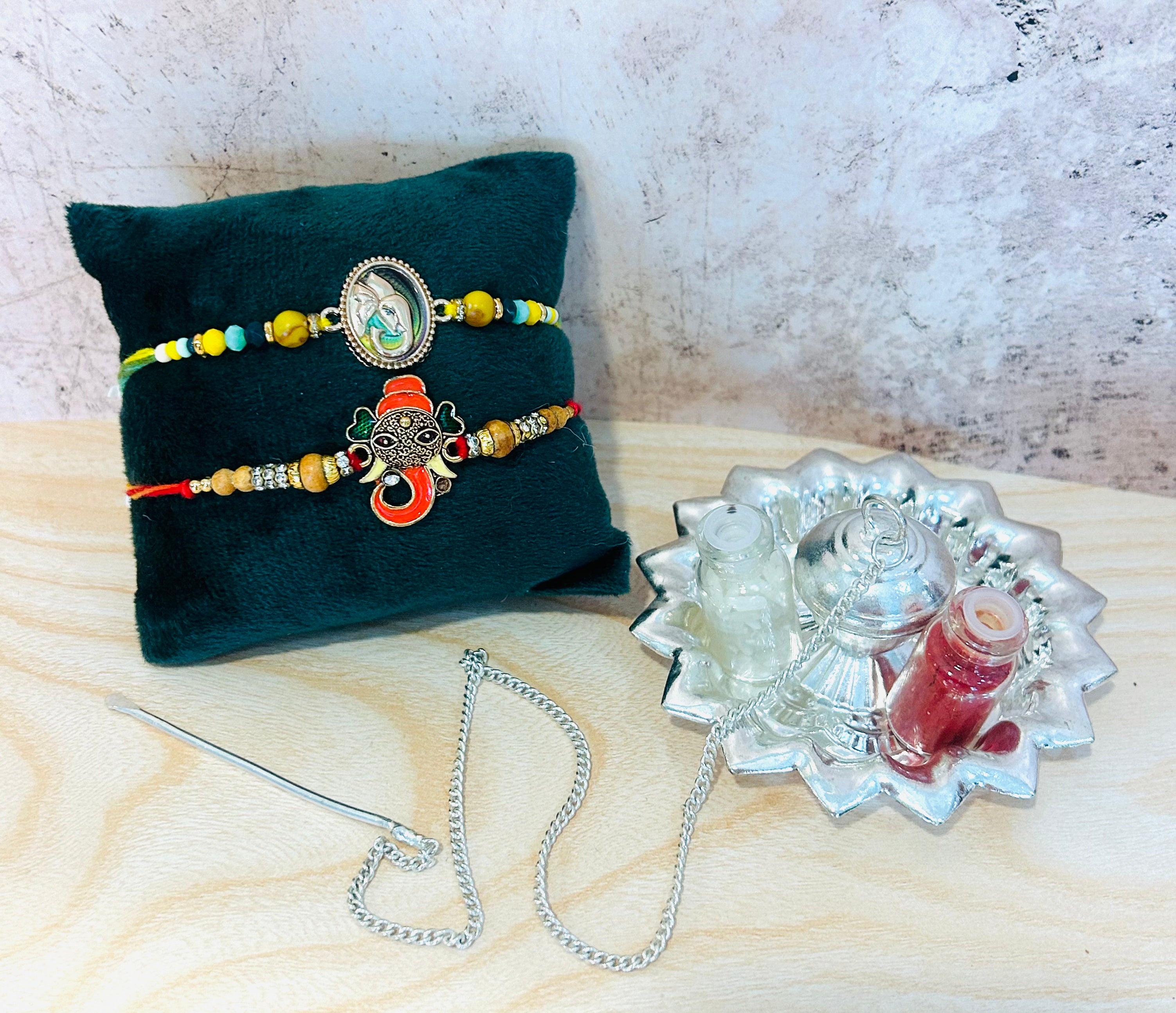 Set of 2 Rakhis – Ganesh Charm Rakhi Combo with Roli Chawal