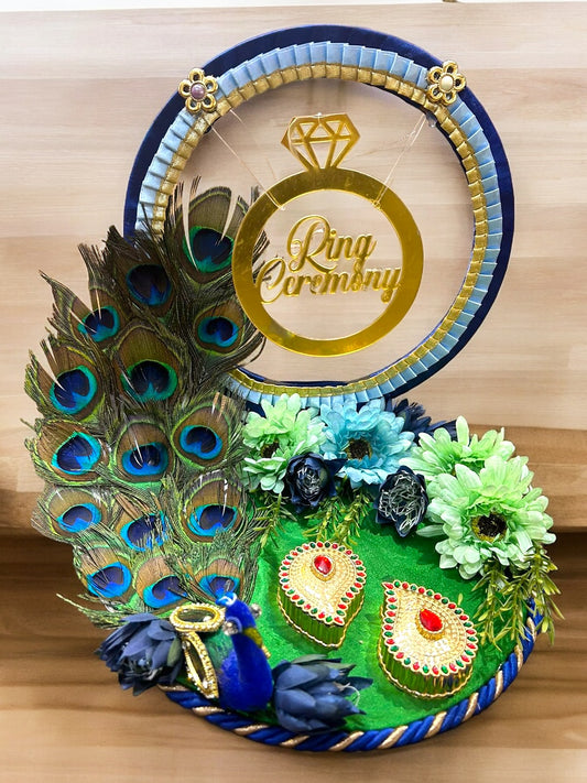 Exquisite Peacock Feather Engagement Ring Platter with Personalized Name Cutouts