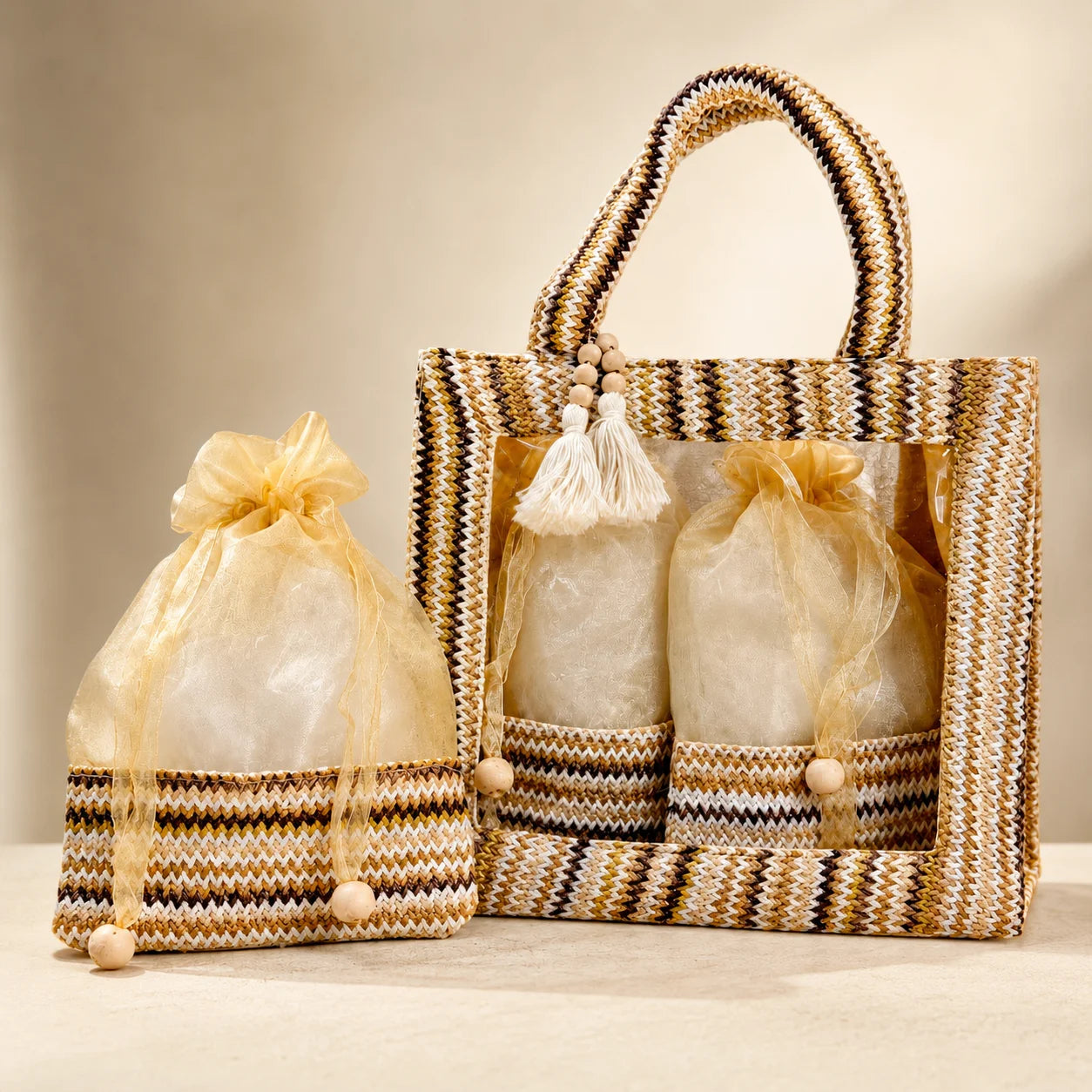 Premium Arvalli foldable hamper basket with two matching designer potli bags for wedding, festive, and corporate gifting. Luxury kappa gift basket measuring 10x9x5 inches with reusable potli bags for dry fruits, chocolates, sweets, jewellery, and premium hampers