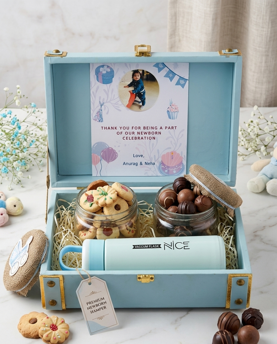 New born baby boy return gift box with cookies chocolates bottle