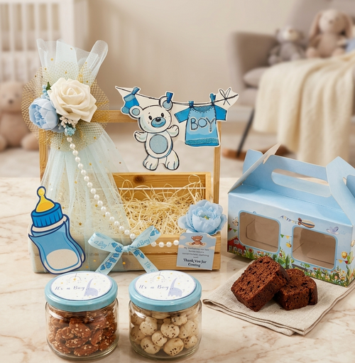 Baby boy announcement pinewood basket hamper