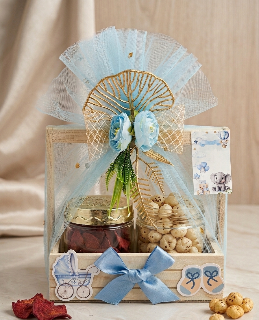 Baby boy announcement pinewood basket hamper with makhana and beetroot chips