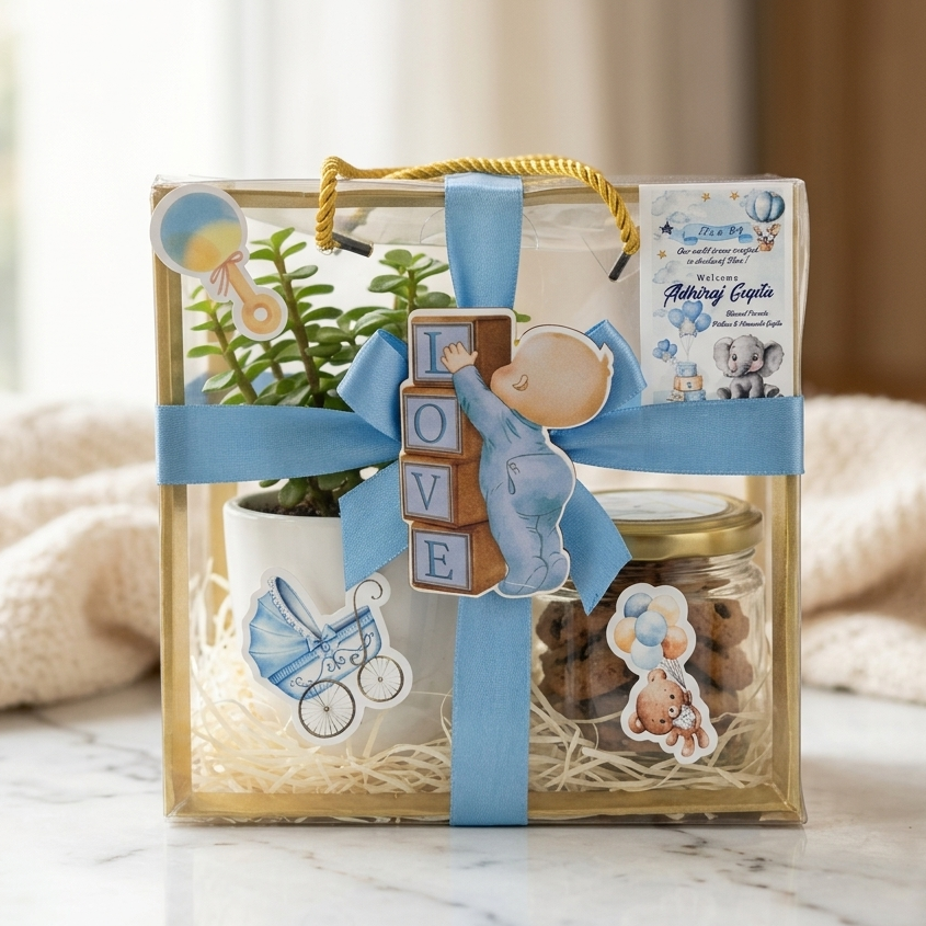 Baby boy announcement PVC hamper bag with cookies jar and jade plant