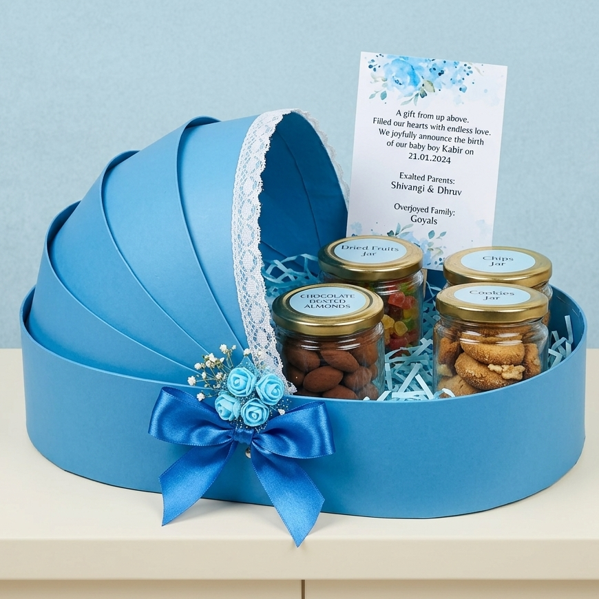 baby boy return gift hamper with almonds cookies snacks in blue cradle basket