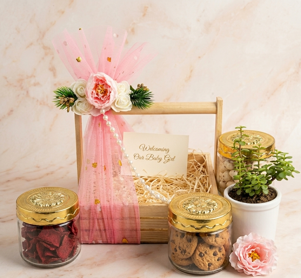 Baby girl announcement pinewood basket hamper with snacks and jade plant