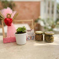 Baby return gift hamper with jade plant, almonds and raisins in decorated pinewood basket