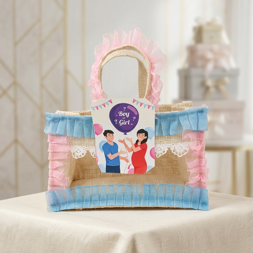 Baby shower jute return gift bag blue pink theme 8x4 inches