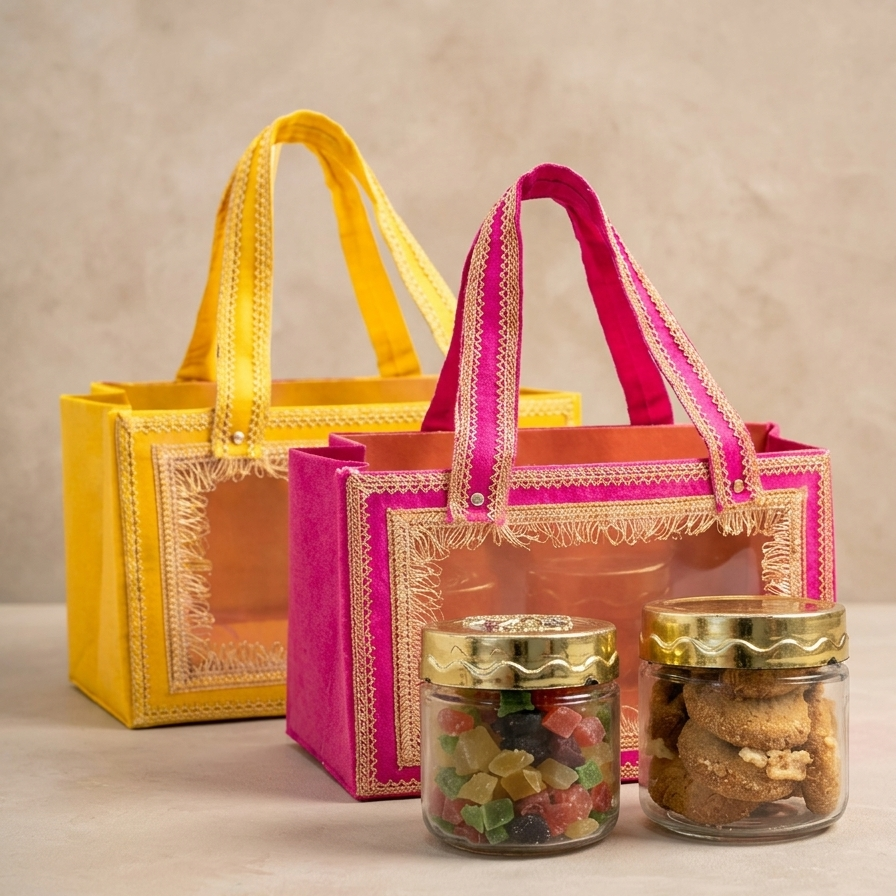 baby shower return gift hamper with cookies and dried fruits in decorative bag