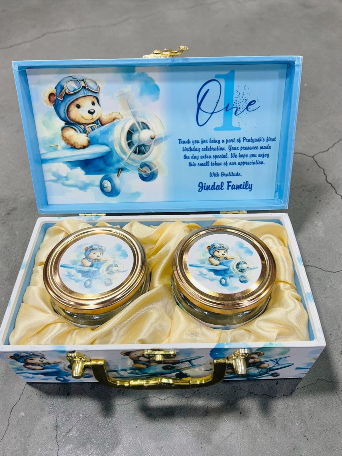 baby theme return gift box with cookies and almonds jars