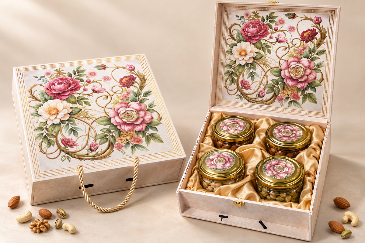 Premium Bag Style Four Jar Dry Fruit Gift Box by Wrap Shap