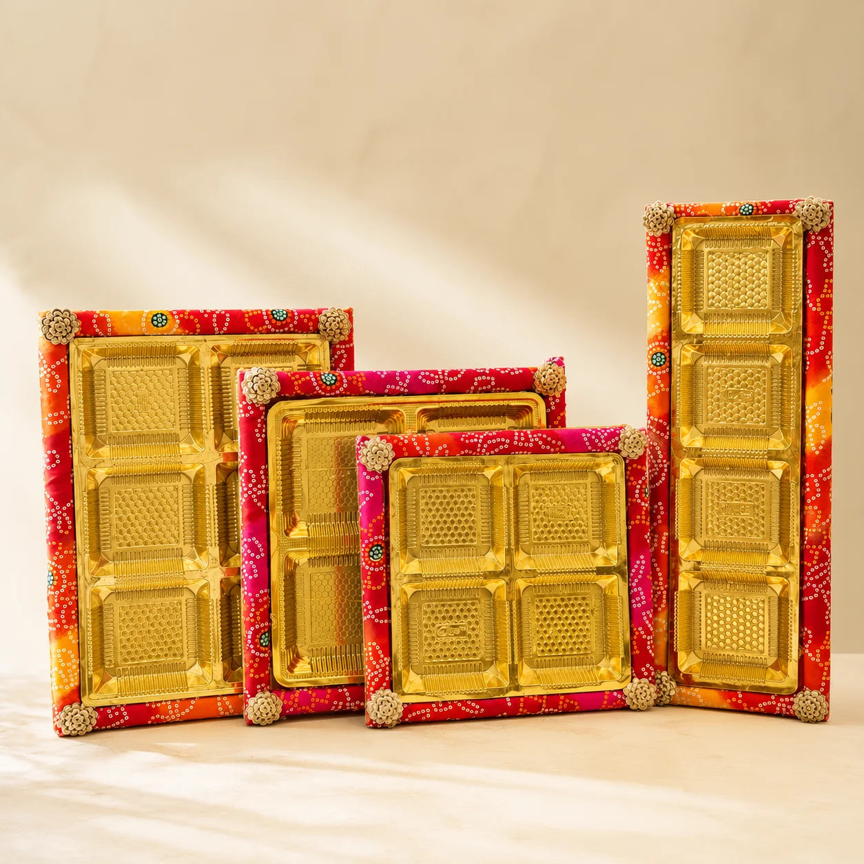 Premium Bandhej dry fruit platter made from MDF with multiple partition options for festive gifting, weddings, and corporate hampers. Elegant Bandhej gift tray available in 6x18 inch, 10 inch, 12 inch, and 10x14 inch sizes for dry fruits, chocolates, sweets, and gourmet treats