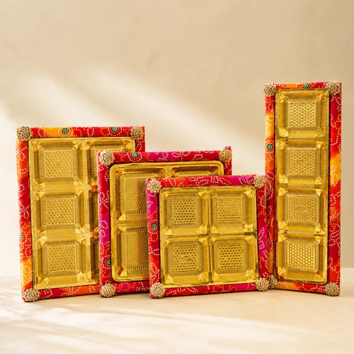Premium Bandhej dry fruit platter made from MDF with multiple partition options for festive gifting, weddings, and corporate hampers. Elegant Bandhej gift tray available in 6x18 inch, 10 inch, 12 inch, and 10x14 inch sizes for dry fruits, chocolates, sweets, and gourmet treats