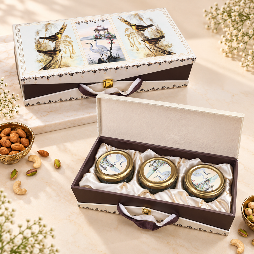 Bird Print V Style Dry Fruit Gift Box in 3 and 4 Jar Options by Wrap Shap