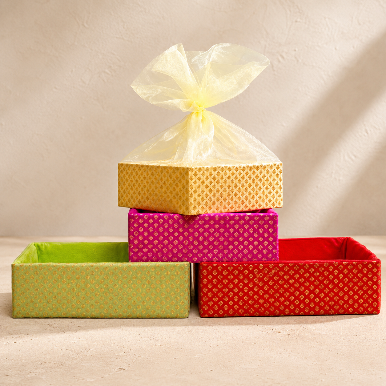 Premium Brocade Square Gift Basket with luxurious fabric finish for wedding hampers and festive gifting