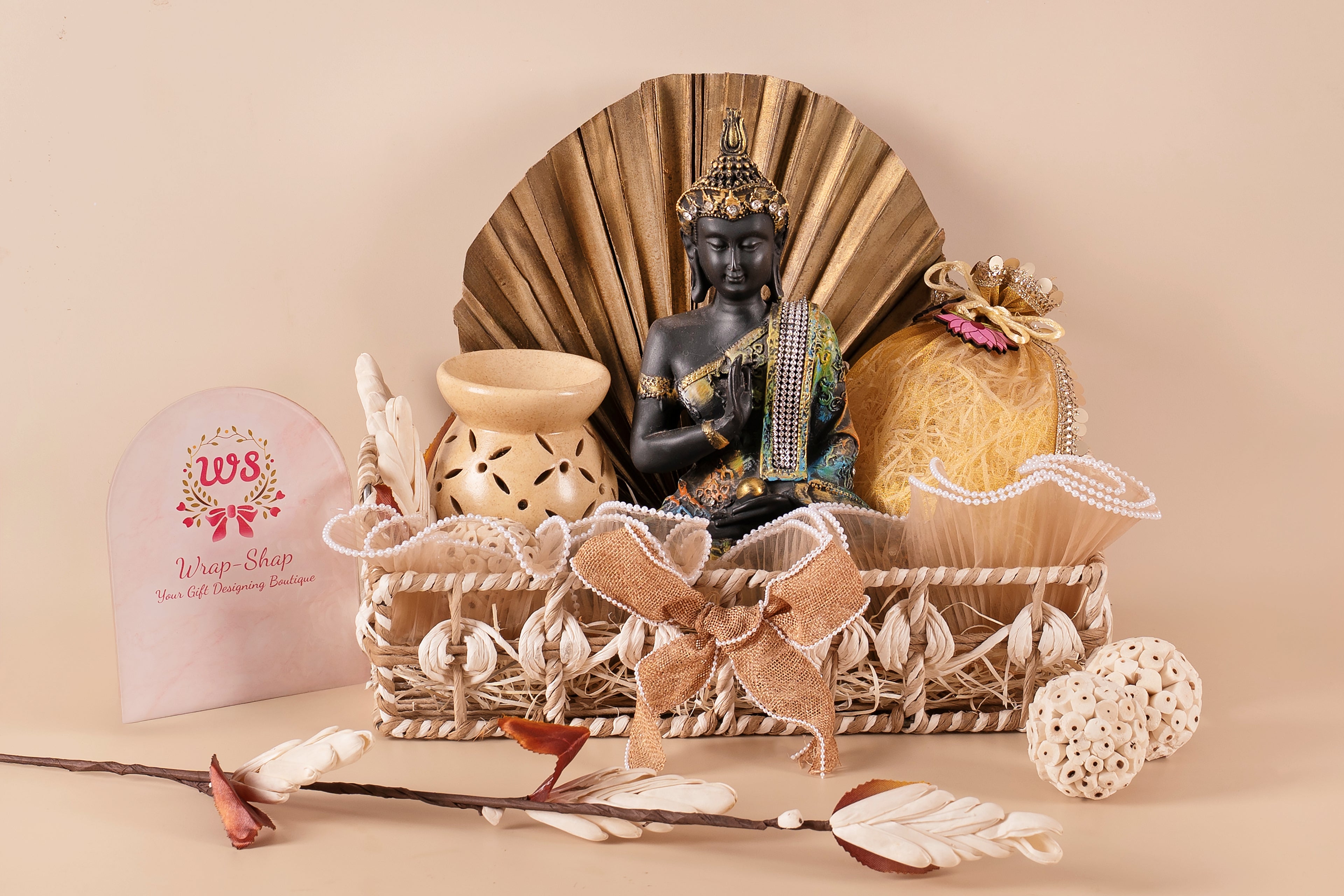Premium rafia gift hamper with Buddha statue and aroma diffuser, Elegant housewarming gift basket with dry fruits and décor