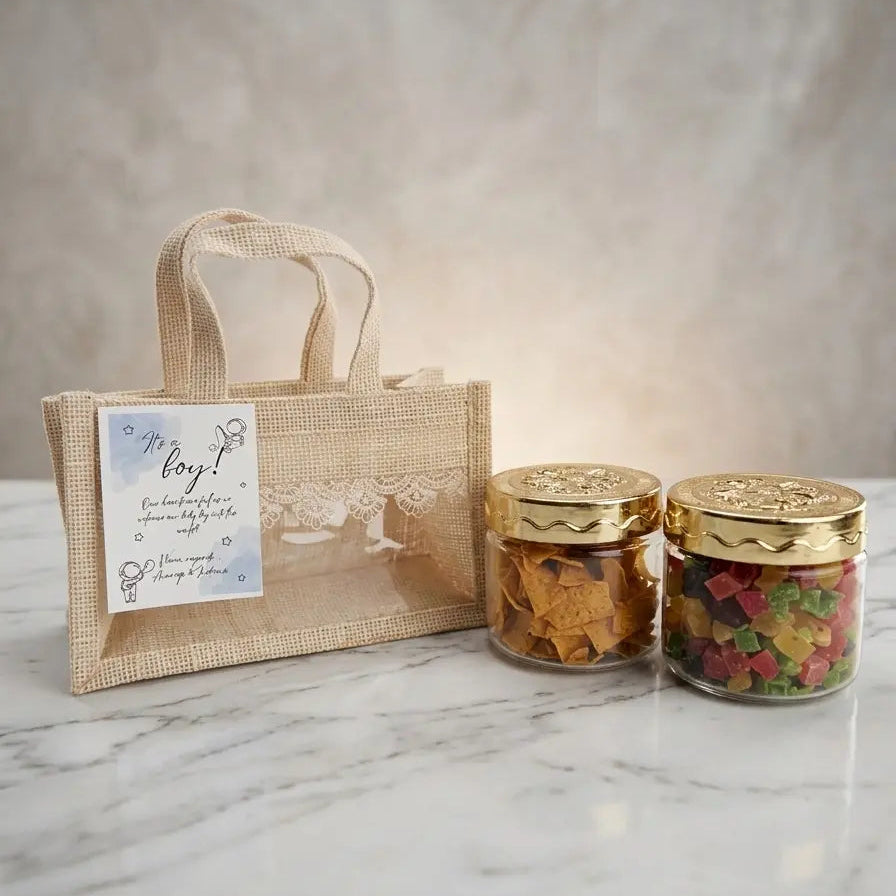 budget baby shower return gift hamper with snack jars in jute bag