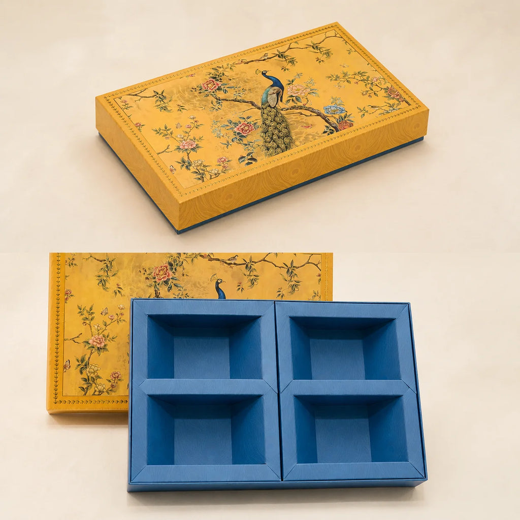 Budget Dry Fruit Gift Box by Wrap Shap featuring a premium 4-partition kappa board design in assorted patterns, ideal for dry fruits, chocolates, festive hampers, corporate gifting, wedding favours, and bulk gifting.