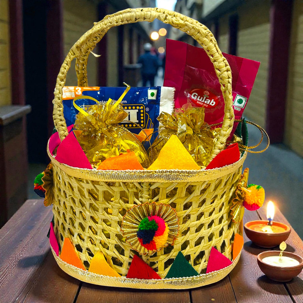 Budget Lohri giveaway basket with traditional Lohri eatables for newborn and wedding celebrations.