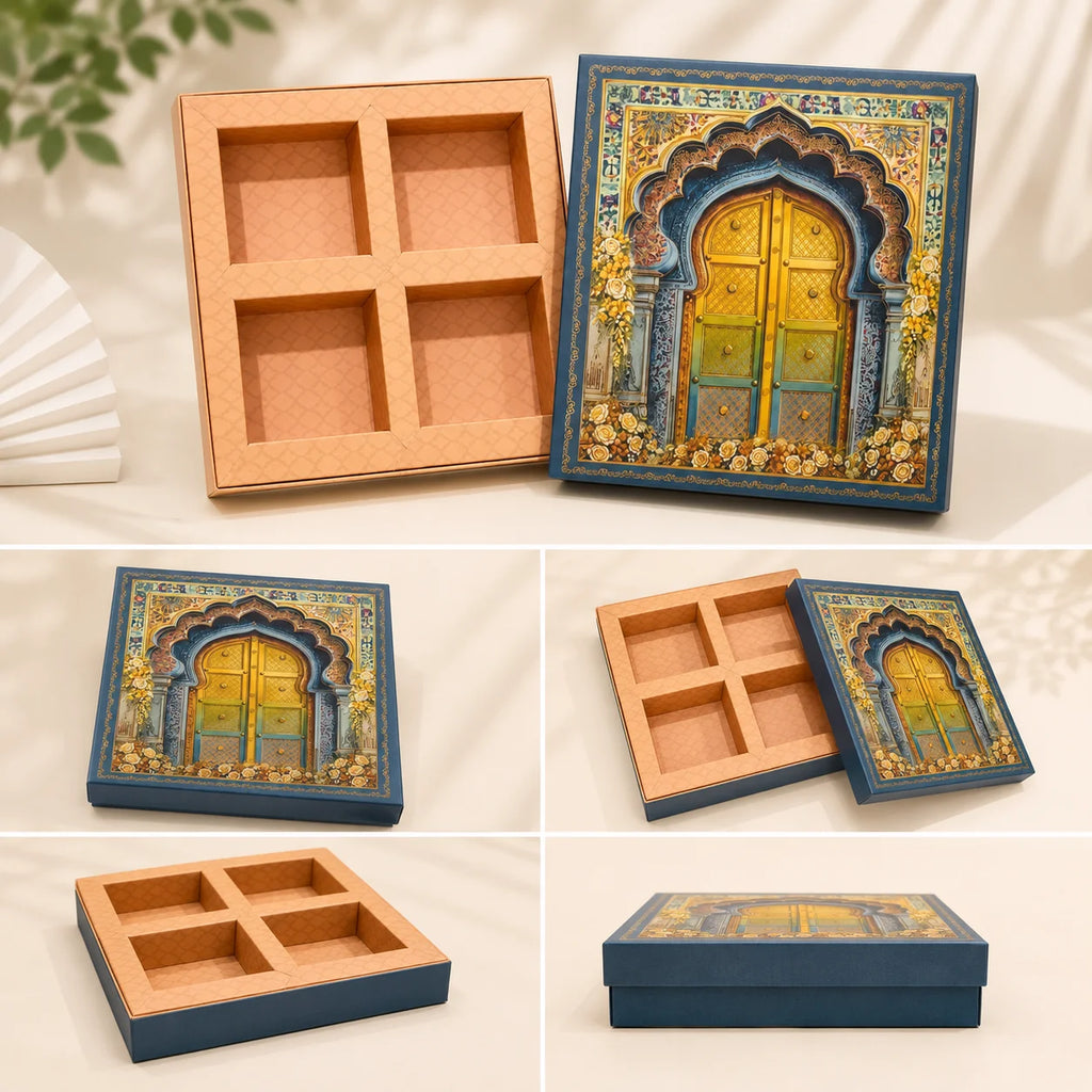 4 Partition Dry Fruit Box by Wrap Shap made from premium kappa board in assorted designs, ideal for dry fruits, chocolates, sweets, festive hampers, wedding favours, corporate gifting, and bulk gift packaging.