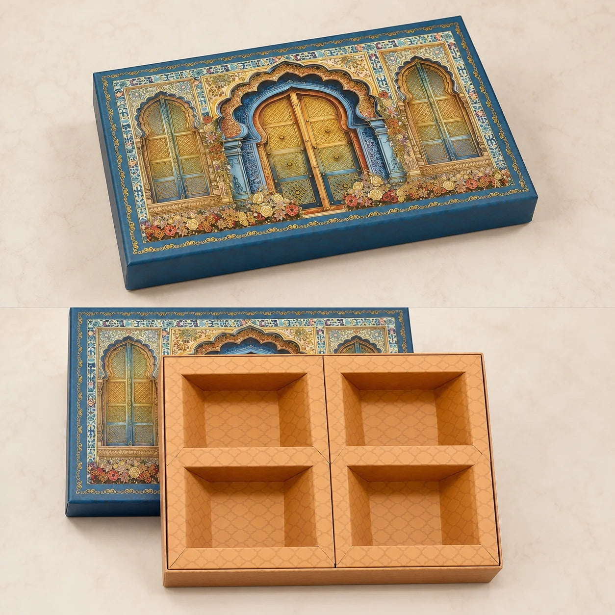Budget Dry Fruit Gift Box by Wrap Shap featuring a premium 4-partition kappa board design in assorted patterns, ideal for dry fruits, chocolates, festive hampers, corporate gifting, wedding favours, and bulk gifting.