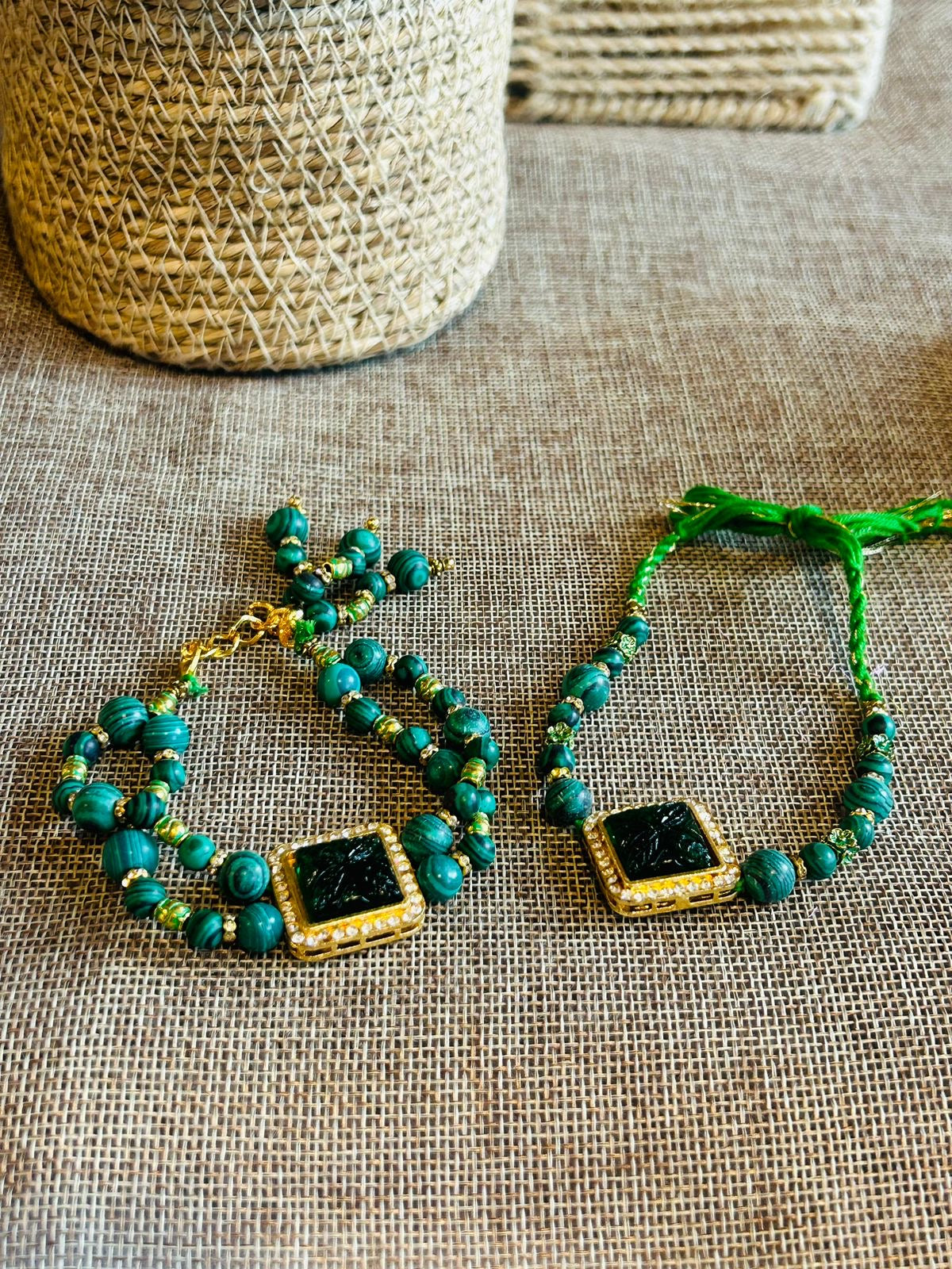 Wrap Shap Designer Bhaiya Bhabhi Rakhi Lumba Set with Green Beads and Emerald Resin Stone - Model RM317, Includes Roli Chawal